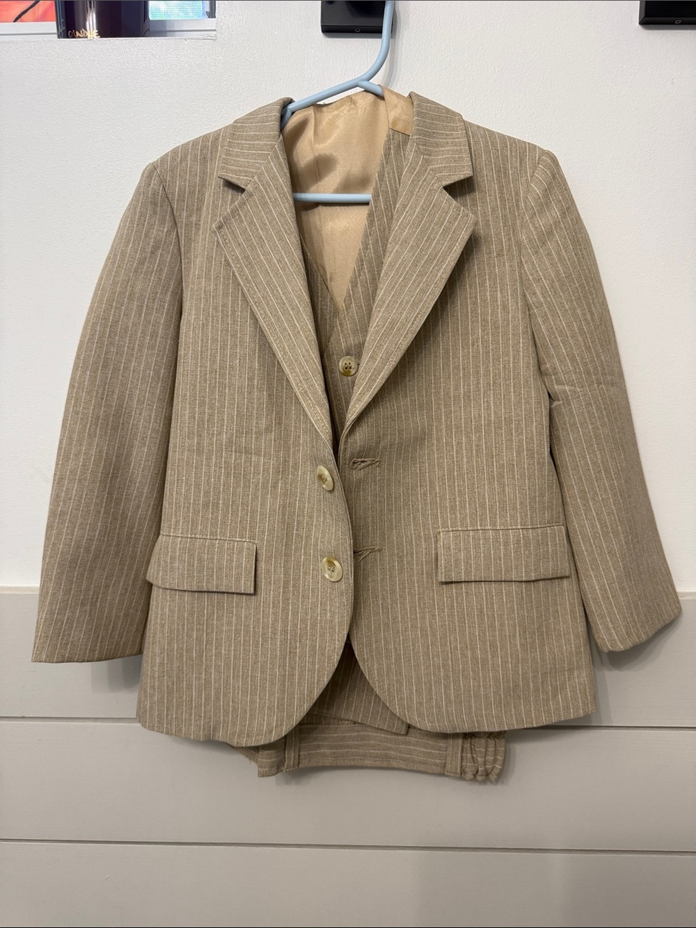 Vintage Disney Boys Tan Pinstripe 3 Piece Suit